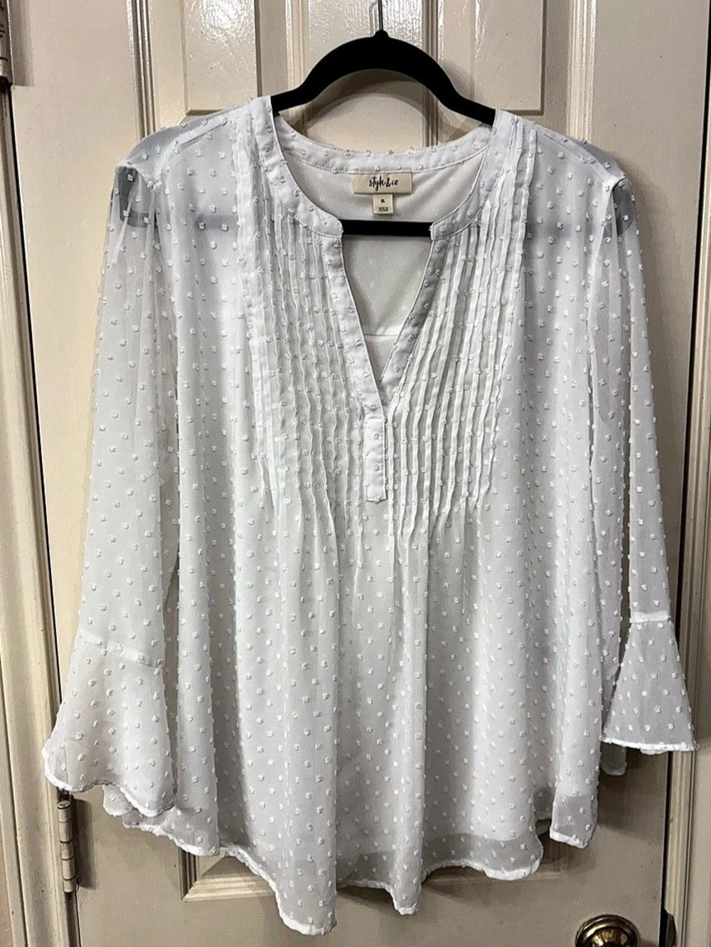 Style & Co Textured Pintuck Ruffle Flare Sleeve semi sheer Top White XL
